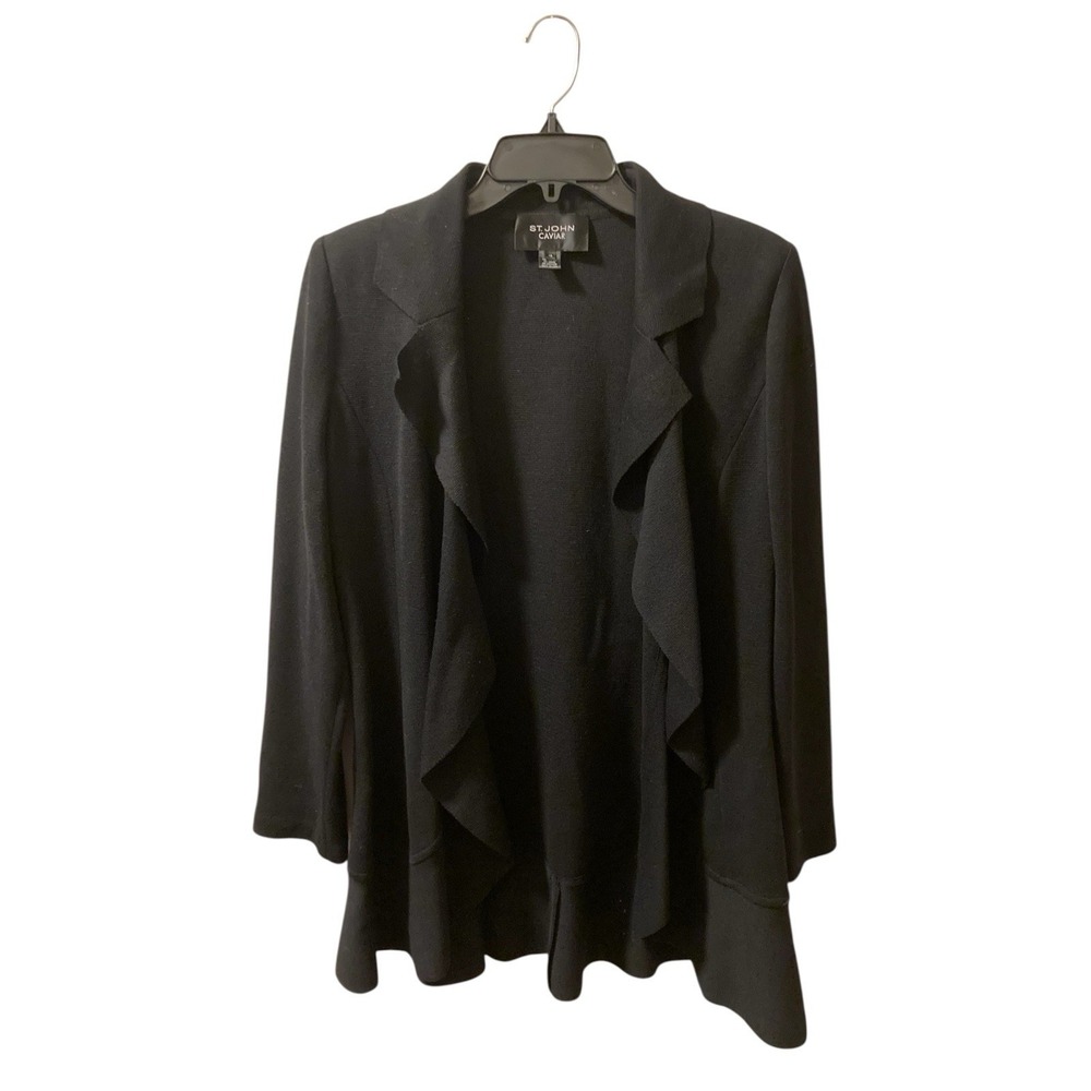St. John Caviar Knit Jacket Waterfall Sz 10 Black Wool Peplum Open Quiet Luxury